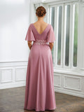 Jazmyn A-Line/Princess Chiffon Ruched V-neck 1/2 Sleeves Floor-Length Mother of the Bride Dresses STIP0020248