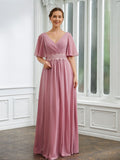 Jazmyn A-Line/Princess Chiffon Ruched V-neck 1/2 Sleeves Floor-Length Mother of the Bride Dresses STIP0020248