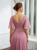 Jazmyn A-Line/Princess Chiffon Ruched V-neck 1/2 Sleeves Floor-Length Mother of the Bride Dresses STIP0020248