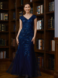 Willow Sheath/Column Tulle Applique V-neck Short Sleeves Floor-Length Mother of the Bride Dresses STIP0020241