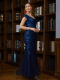 Willow Sheath/Column Tulle Applique V-neck Short Sleeves Floor-Length Mother of the Bride Dresses STIP0020241