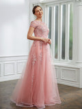 Zoey A-Line/Princess Tulle Applique Bateau Short Sleeves Floor-Length Dresses STIP0020242