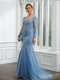 Patricia Sheath/Column Tulle Applique V-neck Long Sleeves Sweep/Brush Train Mother of the Bride Dresses STIP0020244