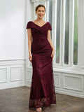 Jemima Sheath/Column Lace Ruched V-neck Short Sleeves Floor-Length Mother of the Bride Dresses STIP0020246