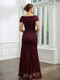 Jemima Sheath/Column Lace Ruched V-neck Short Sleeves Floor-Length Mother of the Bride Dresses STIP0020246