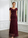 Jemima Sheath/Column Lace Ruched V-neck Short Sleeves Floor-Length Mother of the Bride Dresses STIP0020246