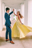 Unique A Line Yellow Satin Prom Dresses with Pockets, Simple Formal STI20452