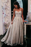 Sparkly A-line Sweetheart Silver Prom Dresses Long Formal Gown