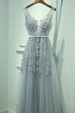 2024 V Neck Prom Dresses A Line Tulle With Applique PMRE5ZP4