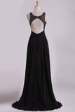 2024 Black Open Back Prom Dresses Scoop A Line Chiffon With PLB57RAJ