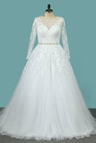 2024 Wedding Dresses Scoop A Line With Beaded Belt Tulle With Appliques PPNYBK7L