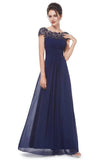 Elegant Lace Cap Sleeve Chiffon Evening Gowns Open Back Bateau Long Prom Dresses STI15170