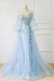 Light Blue Off the Shoulder Half Sleeve Prom Dresses, Sweetheart Evening Dress STI15238