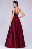 Deep V Neck Long Sleeveless Spaghetti Straps Burgundy Satin Evening Prom Dresses STI15140