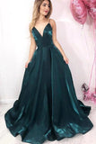 Long Green Spaghetti Straps V Neck Satin Prom Dresses, Evening Party STI20422