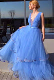 Sky Blue V-Neck A-Line Tulle Pageant Dresses With Appliques Prom Dresses