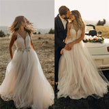 Spaghetti Straps Tulle Deep V-Neck Wedding Dresses, Romantic Bohemian Beach Bridal Dress STI15421