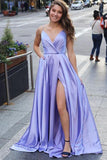 V-neck Simple Long Prom Dresses Formal Party Dresses with Slit Evening Dresses