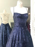 Stunning Sleeveless A Line Navy Blue Sequin Prom Dresses