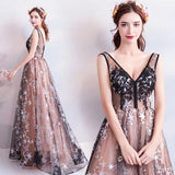 Princess A Line V Neck Applique Prom Dresses with Stars, Lace up Evening Dresses STI15286