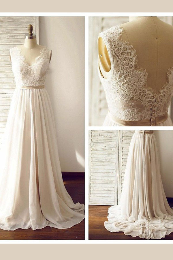 Lace Applique Ivory Beach Wedding Dresses V Neck Backless Wedding Dresses,  TYP1244
