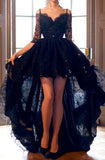 Elegant High Low Half Sleeves Sweetheart Black Backless Lace Evening Dresses