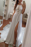 White A Line Sweep Train Halter Sleeveless Side Slit Prom Dresses