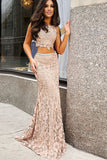 Two Piece Sheath Sweep Train Sleeveless Keyhole Back Lace Prom Dresses