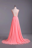 2024 Bateau A-Line Chiffon Prom Dresses With Ribbon Sweep P7SCATQT