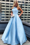 Elegant A Line Satin Jewel Pearls Blue Open Back Prom Evening Dresses With Pockets STI15151