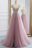 2024 Tulle Beading A-Line V-Neck Prom Dresses PTCPHBHZ