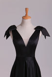 2024 Deep V-Neck Evening Dresses A-Line Satin With Bow-Knot & PKC7Q35C