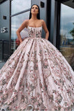 Princess Ball Gown Spaghetti Straps Beads Floral Print Prom Dresses Long Quinceanera Dress STI15294