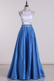 2024 Bicolor Scoop A Line Prom Dresses Satin With Beading PKMJ8C1C