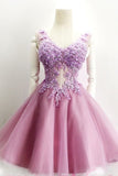 2024 V Neck Tulle With Handmade Flowers Homecoming Dresses PXJS12XA