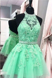 2024 A Line Homecoming Dresses Halter Beaded Bodice Short/Mini Tulle PYXLQ2AB