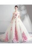 Unique Off The Shoulder Tulle Wedding Dress With Pink Flowers Ball Gown Wedding STIPQ4NB2CL