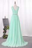 2024 V Neck A Line Ruched Bodice Beaded Waistline Chiffon Bridesmaid Dresses PA77L7NZ