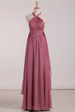 2024 Halter Ruched Bodice Bridesmaid Dresses A Line Chiffon Floor P8PJL6QN