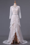 2024 Asymmetrical Wedding Dresses V Neck Mid-Length Sleeves With Applique And Sash PS7XESGJ