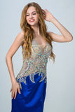 2024 Dark Royal Blue Two-Tone Mermaid Prom Dresses V-Neck Beaded Bodice Satin & P7MXNZD1