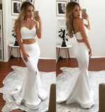 Two Piece Sweetheart Mermaid Prom Dresses White Party Dresses with Split Side