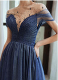 Charming A Line Blue Ombre Tulle Prom Dresses with Open Back, Evening STI20394