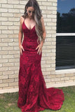 Elegant Straps V Neck Burgundy Lace Mermaid Long Evening Dresses, Prom Dresses STI15206