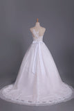 2024 Chapel Train Wedding Dresses Bateau Tulle With Applique And Sash A PKG4H3RE