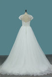 2024 Tulle A Line Scoop Short Sleeve Wedding Dresses With Applique And P43RSC6Z