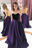 A Line Purple Satin Sweetheart Long Prom Dresses With Pockets, Strapless Evening Dresses STI15015