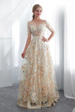 Charming A Line Floral Scoop Prom Dresses 3/4 Sleeves Empire Waist Long Evening Gowns STI15088