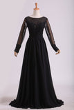 2024 Black Evening Dresses Long Sleeves A Line Chiffon With Applique & PYNHH3PH