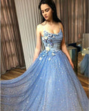 A-line Blue Spaghetti Straps Sweetheart Long Prom Dresses, Evening Dresses STI15048